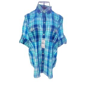 NWT Lauren Ralph Lauren Blue Green Multi Plaid Button Down Long Sleeve Shirt